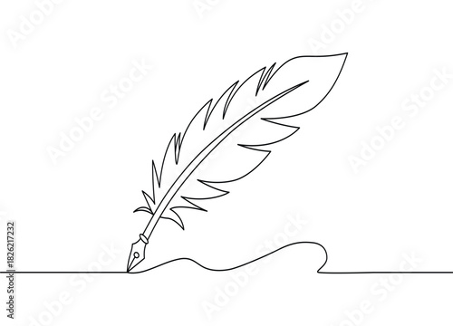 Elegant Quill Pen Continuous Line Drawing on White Background for Creative Writing and Historical Storytelling Projects