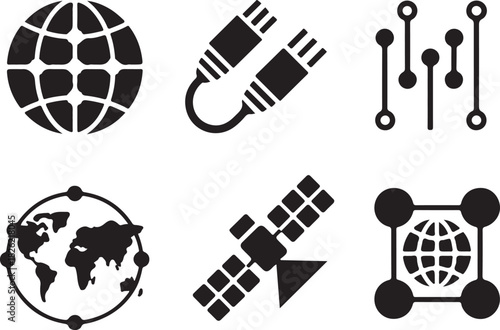 Global Network Communication Technology Black and White Vector Icon Set
