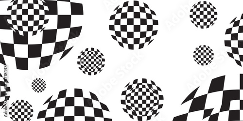 Chess wavy board optical visual illusion, checkerboard banner template. Black and white checkers squares, vector abstract background.
