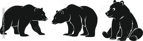 Stylized black bear silhouettes in sitting, walking, sniffing poses, minimal detail, wildlife animal art, flat vector