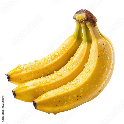 Fresh banana bunch with water droplets, ripe yellow fruit illustration, tropical food ingredient for packaging and menu design isolated PNG with Transparent Background