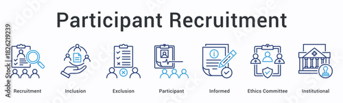 Participant recruitment banner web icon manages inclusion and exclusion criteria with informed consent and ethics oversight.
