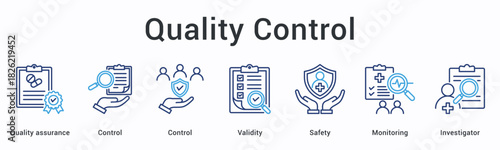 Quality control banner web icon maintains validity and safety through monitoring with investigator oversight and standards.