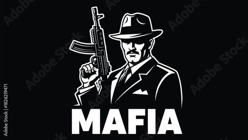 Mafia gangster emblem, vintage mobster holding rifle, noir crime logo artwork, retro criminal character, classic underworld illustration, bold monochrome design