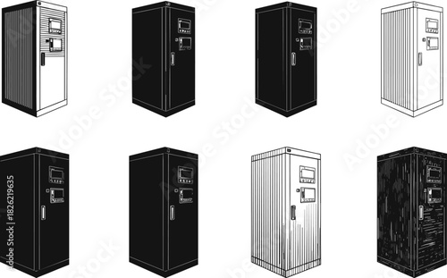 Stylized vending machine illustrations, screen and button interface variations, conceptual device design set, flat vector