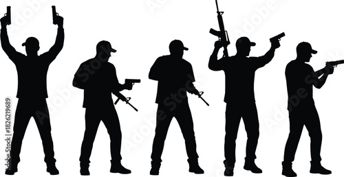 Armed man silhouette set, tactical gun poses, modern weapon figures, military combat stance artwork, action shooter vector collection, security illustration