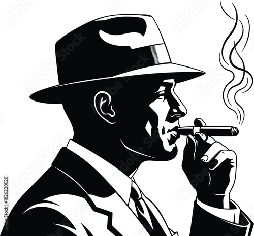 Vintage gangster silhouette, man smoking cigar, noir crime illustration, classic mafia character, retro detective style artwork, elegant mysterious figure
