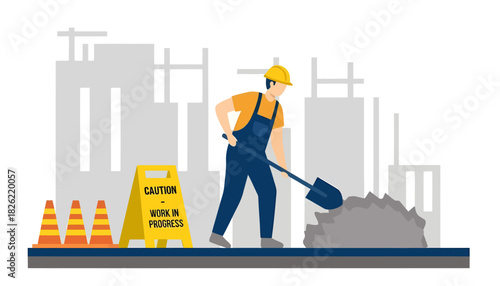 Construction worker shoveling debris on a building site with caution signs and cones.