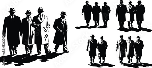 Gangster silhouette group, vintage mobsters walking, noir crime figures, mafia men in trench coats, retro detective style artwork, shadowy character set