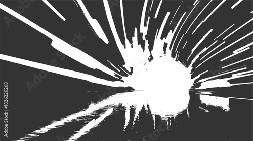 Abstract explosion of white lines radiating from a bright central light against dark gray background