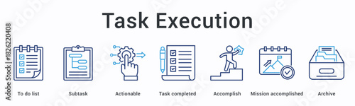 Task execution banner web icon manages lists with subtasks through actionable steps to accomplished missions and archiving.