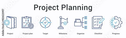Project planning banner web icon establishes blueprint with targets and milestones using organized checklists for progress.