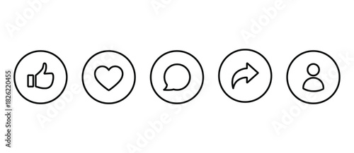 Icon set of Thumbs up, like, love , comment, share and follow in line style. Collection button notification for social media vector illustration in transparent background. Editable stroke.