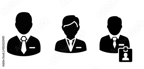 Set of professional male user profile icons, depicting businessmen in suits with a tie, including an identification badge symbol for team members