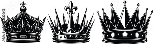 Royal crown silhouette set, luxury king and queen crowns, elegant vintage monarchy icons, ornate regal headpiece collection, majestic vector artwork