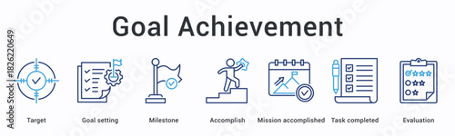 Goal achievement banner web icon demonstrating determination through steps and challenges toward successful outcomes.
