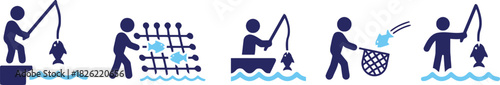 fishing, icon, sequence, person, rod, reel, fish, catching, net, boat, water, activity, recreation, sport, hobby, lifestyle, blue, light blue, navy, white background, illustration, graphic, design