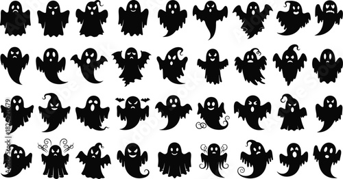 Cute ghost silhouette collection, spooky Halloween spirits, cartoon ghost icons, fun horror characters, playful haunting set, creepy ghost vector artwork