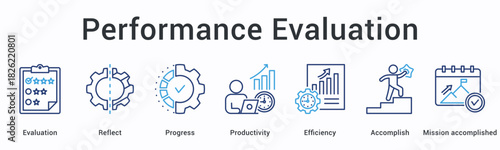Performance evaluation banner web icon assesses progress through reflection measuring productivity efficiency and accomplished mission success.