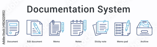 Documentation system banner web icon manages documents with editing memos notes and sticky note pads for archive storage.