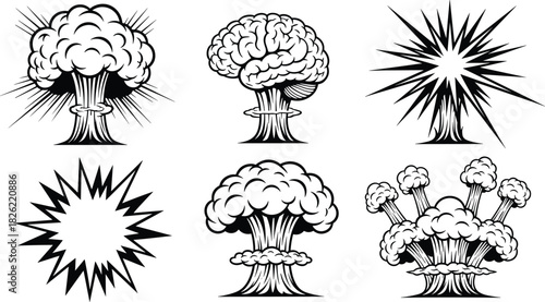 Explosion vector set, cartoon blast illustrations, comic boom effects, nuclear mushroom cloud icons, dramatic explosion artwork, dynamic energy burst graphics