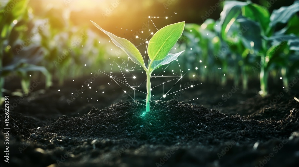 Fototapeta premium Young shoot with agricultural system showing seedling growth in a future farming vision outdoors.