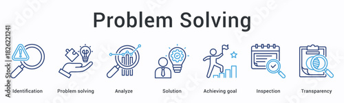 Problem solving banner web icon identifies and analyzes issues leading to solutions with goal achievement and transparency.