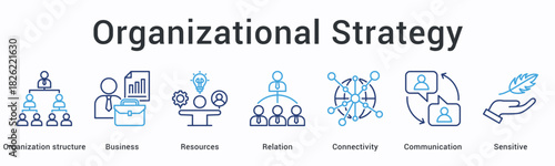 Organizational strategy banner web icon aligns business resources and relations through connectivity and sensitive communication structures.