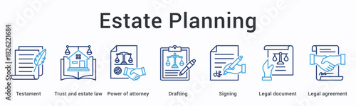 Estate planning banner web icon covers testament and trust law with power of attorney through drafting and signing.