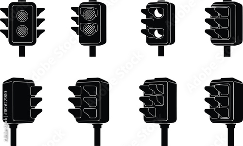 Traffic light silhouette, signal lamp design, urban control unit, directional light views, road safety system, flat vector