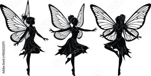 Fairy silhouettes with wings, magical fantasy female characters, enchanted pixie illustration set, graceful fairy poses, whimsical mythical creature artwork collection