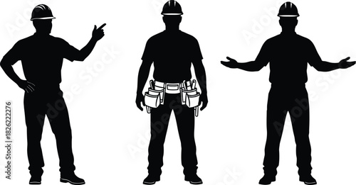Construction worker silhouettes, handyman poses with tools, contractor illustration set, safety helmet workers, professional builder graphics, industrial labor concept artwork