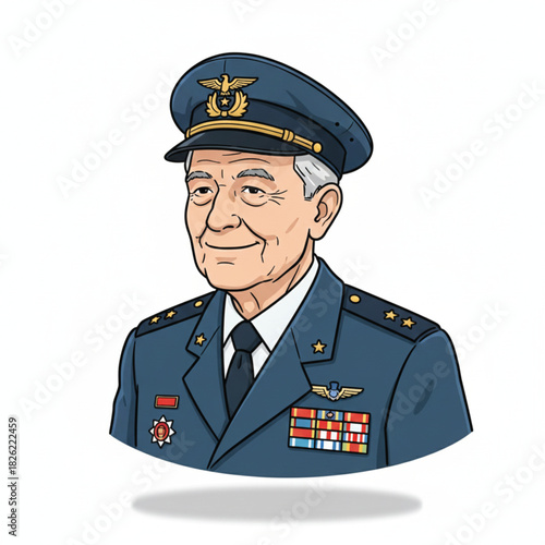 Vector portrait of elderly veteran wearing cap and decorations on white background.
