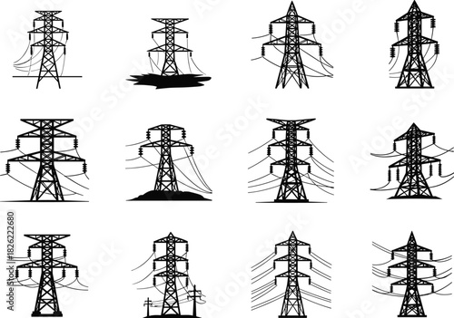 Transmission tower silhouettes, electric pylons, power grid structures, infrastructure icons, black vector art, flat vector design