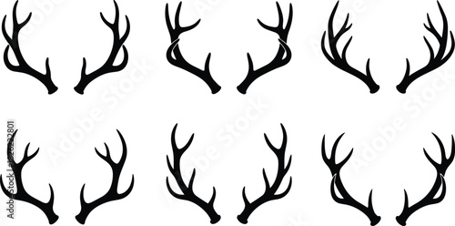 Deer antler silhouettes, hunting horn designs, wildlife antlers collection, rustic nature elements, animal horn illustration set, decorative antler graphics