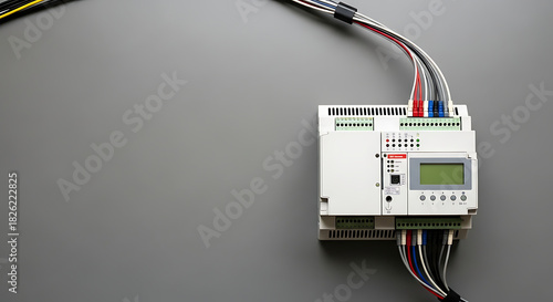 SCADA system industrial controller on gray surface displaying communication wiring. SCADA system provides connections to field and industrial systems,