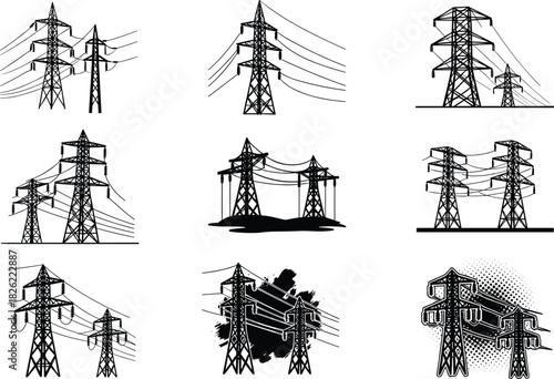 Transmission tower silhouettes, power pylons, electricity infrastructure, ink splash style, halftone effect, flat vector icons