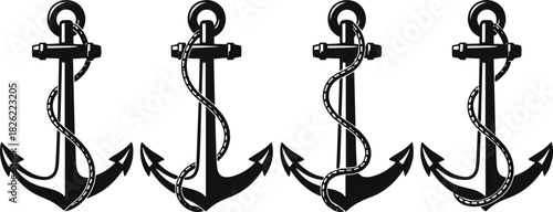 Nautical anchor designs, maritime rope illustrations, vintage marine symbol set, classic anchor silhouettes, sailor nautical elements, ocean-themed vector artwork