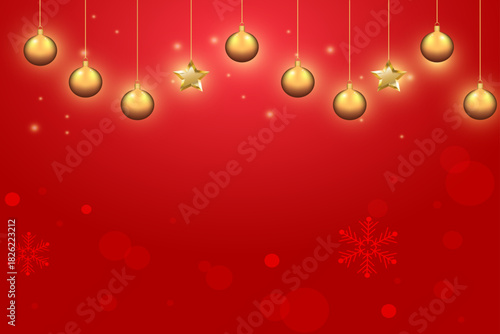 Merry Christmas horizontal banner with glowing garland, gold stars on red backdrop
