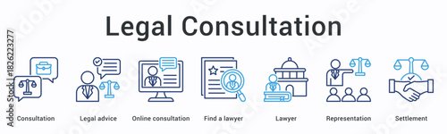 Legal consultation banner web icon provides advice through online platforms connecting clients with lawyers for representation.