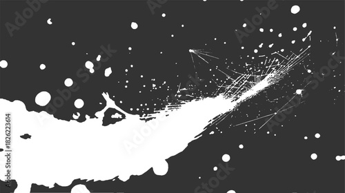 White paint splash and splatter on dark gray background with fine lines abstract black