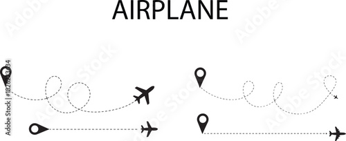 Flight path dotted line with airplane silhouette — vector waypoint route illustration