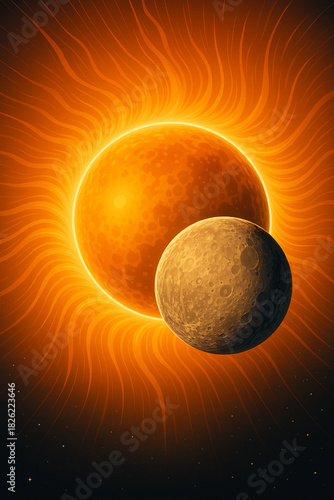 Vector Illustration of Sun and Mercury with Intense Solar Corona rendered with Smooth Radial Gradients