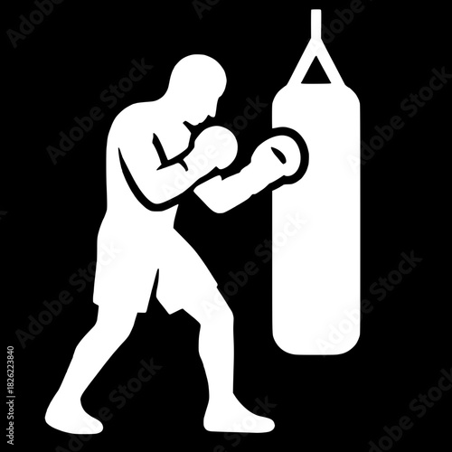 Strong boxer punching bag training, fitness exercise and determination, gym workout session
