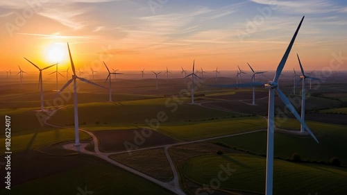 Wind turbines at sunset generating clean energy in the countryside.