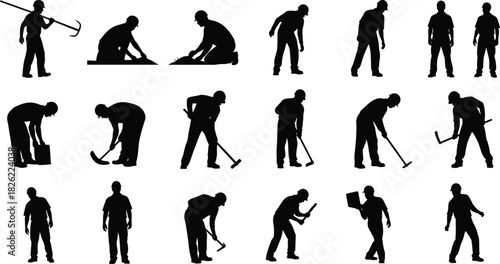 Construction worker silhouettes, laborers using tools, industrial work poses, manual labor illustration, builders at job site, occupational activity graphic set