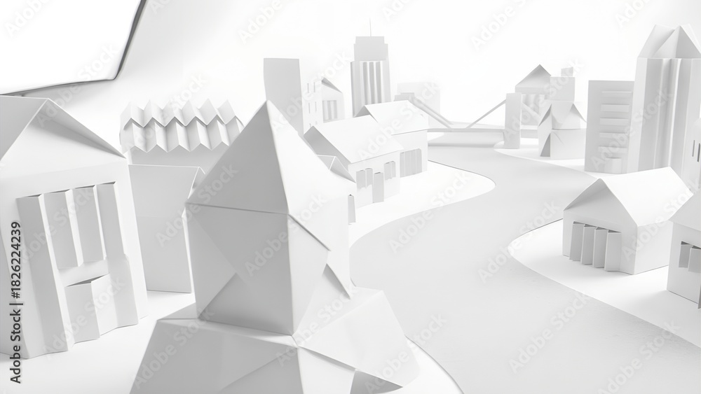 Naklejka premium Macro folded-paper cityscape with pastel origami buildings in bright soft lighting, creating a playful and creative miniature scene ideal for education and urban planning visuals.