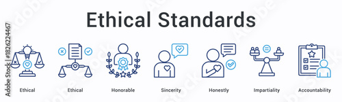 Ethical standards banner web icon establishes honorable conduct with sincerity and impartiality ensuring accountability frameworks.