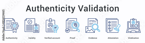Authenticity validation banner web icon confirms validity through verified proof and evidence with attestation and vindication.