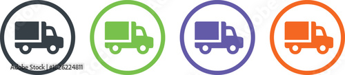 truck, delivery, transport, logistics, shipping, freight, cargo, vehicle, icon, symbol, set, collection, different colors, black, green, purple, orange, circle, graphic, illustration, business, commer